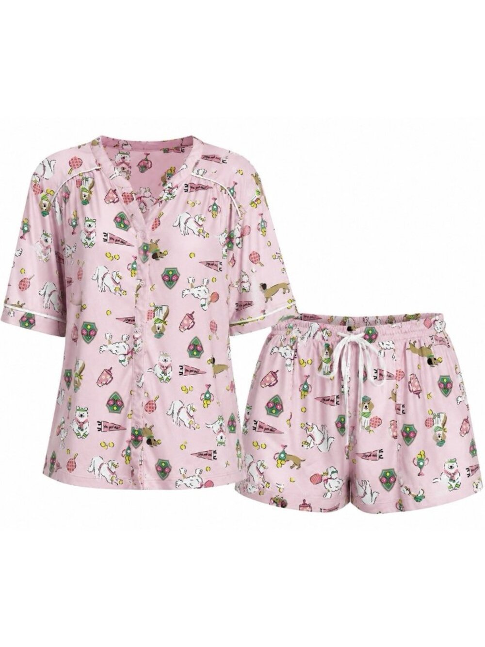 Cuddl Duds Dog Pajama Set Womens Medium Pink Shorts + Top Loungewear Button Up